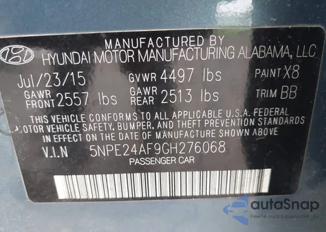 2016 Hyundai Sonata Se z USA, uszkodzony, nr VIN 5NPE24AF9GH276068